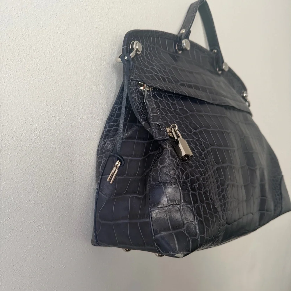 Furla Rich Blue Piper Sachel Crocodile Embossed Handbag silver hardware